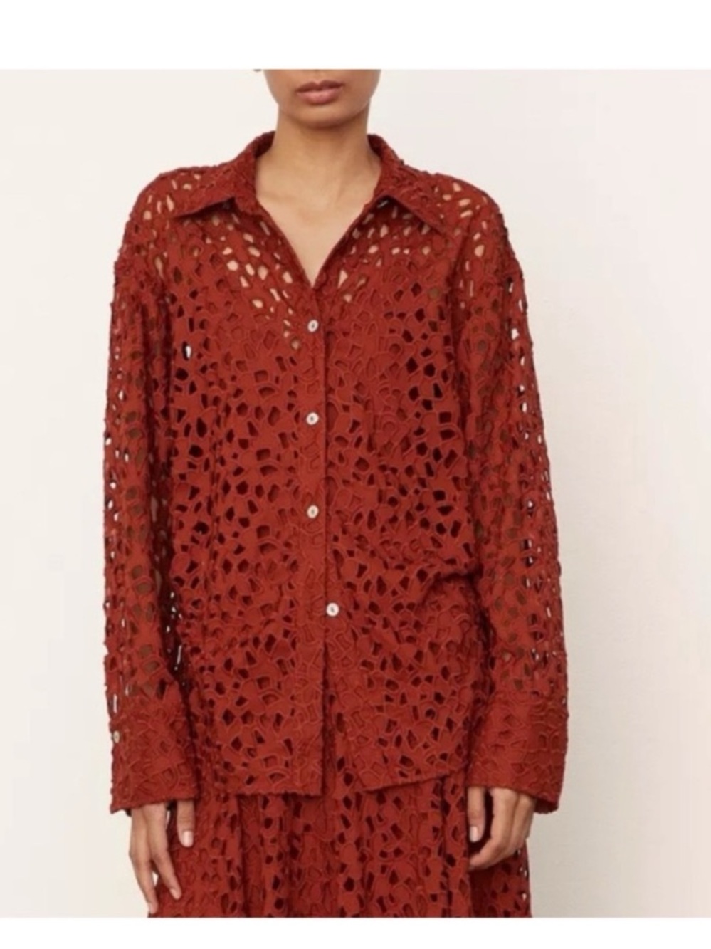 Vince Laser Cut Lace Sculpted Button Down Shirt Rust Amber Large